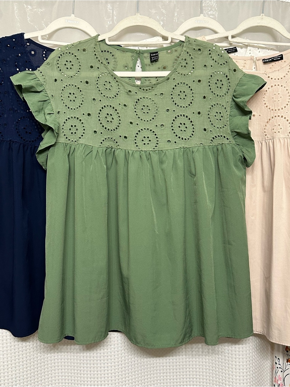 SHEIN Sage Green Eyelet Ruffle Sleeve Tunic